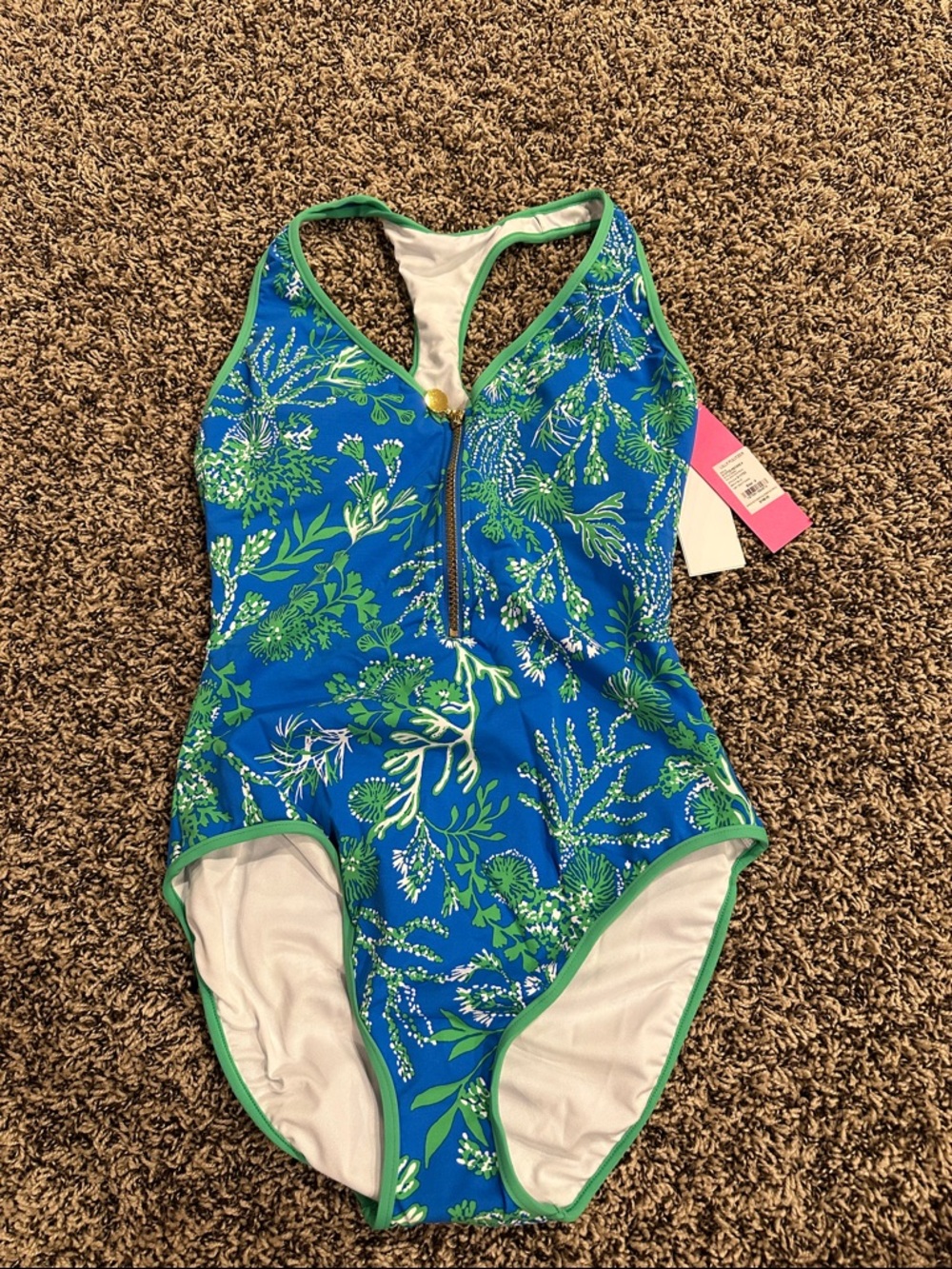 Lilly Pulitzer Blue & Green Floral Zip-Front One-Piece Swimsuit